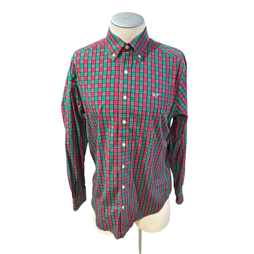 Vineyard Vines Mens Shirt M Slim Fit Whale Button Long Sleeves Plaid Red Green